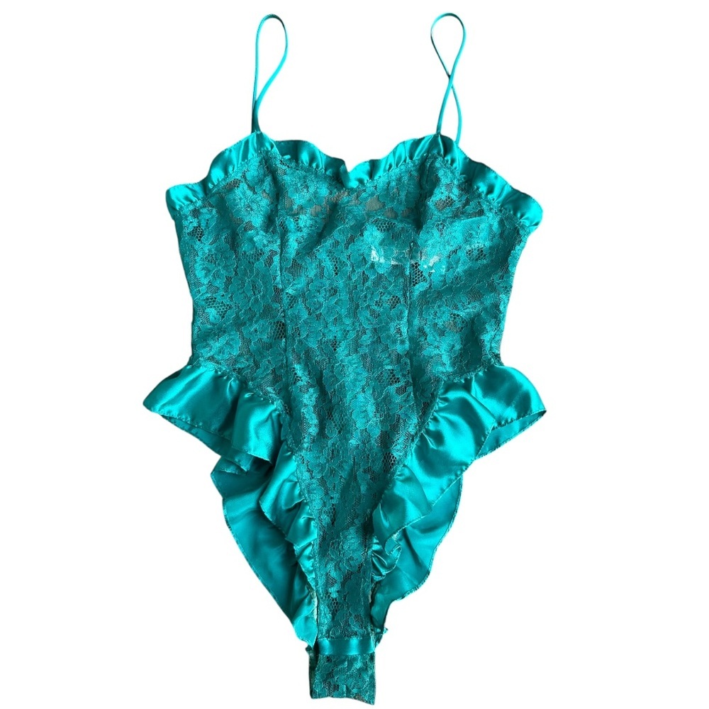 Vintage Victoria’s Secret lace sheer see through bodysuit romper emerald green S